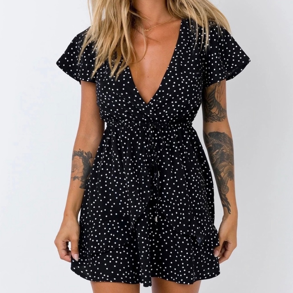 Black and white polka dot Princess Polly Bobbie Tie Front Mini Dress